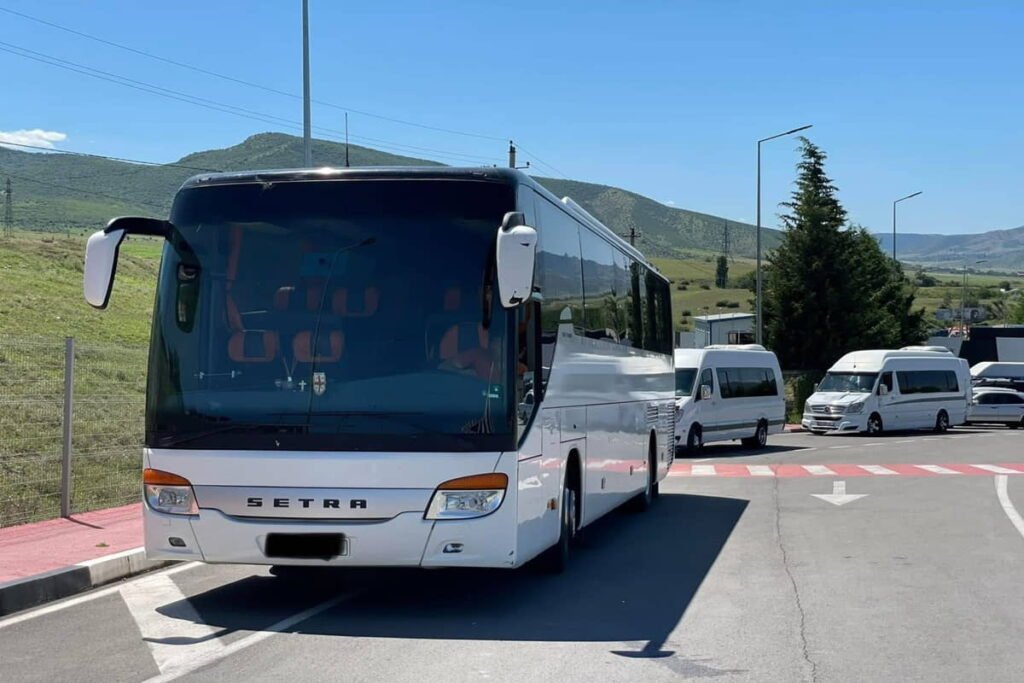 vehicles waiting near Georgia Armenia border crossing Tbilisi to Yerevan