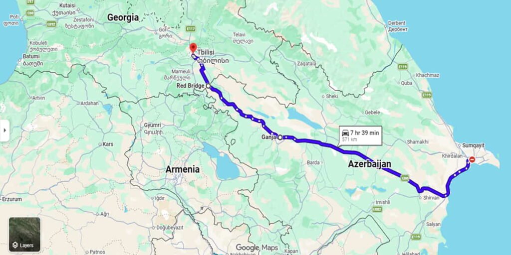 Tbilisi to Baku route map