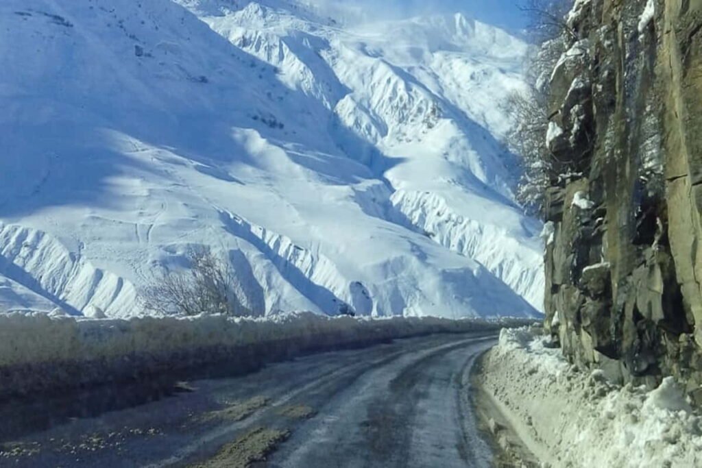 Winter road conditions from Tbilisi to Gudauri with snow and mountain road