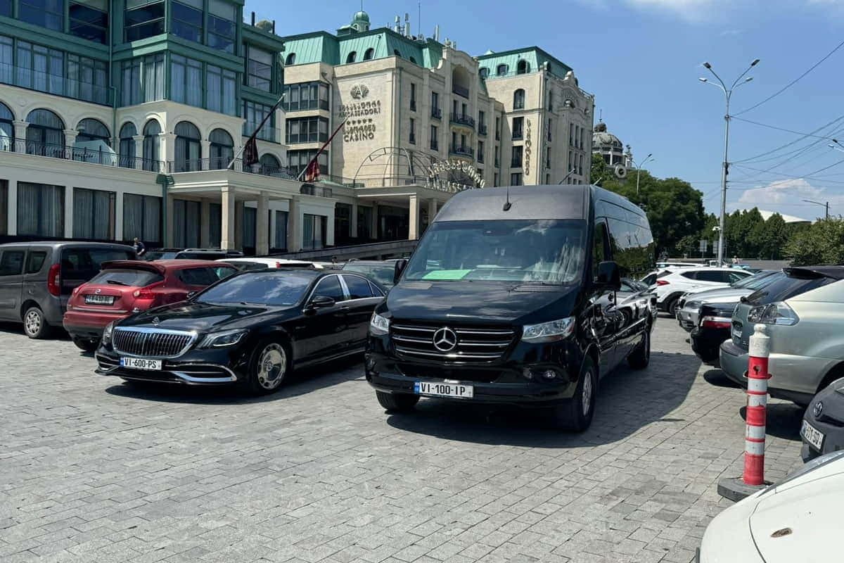16 seater minibus at hotel entrance in Tbilisi