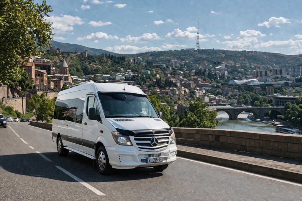 20 seater minibus in Tbilisi on city road for group travel