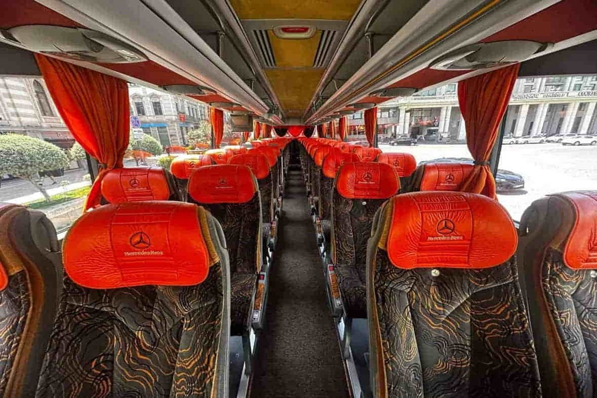 interior of 46-seater bus with comfortable seats for group travel