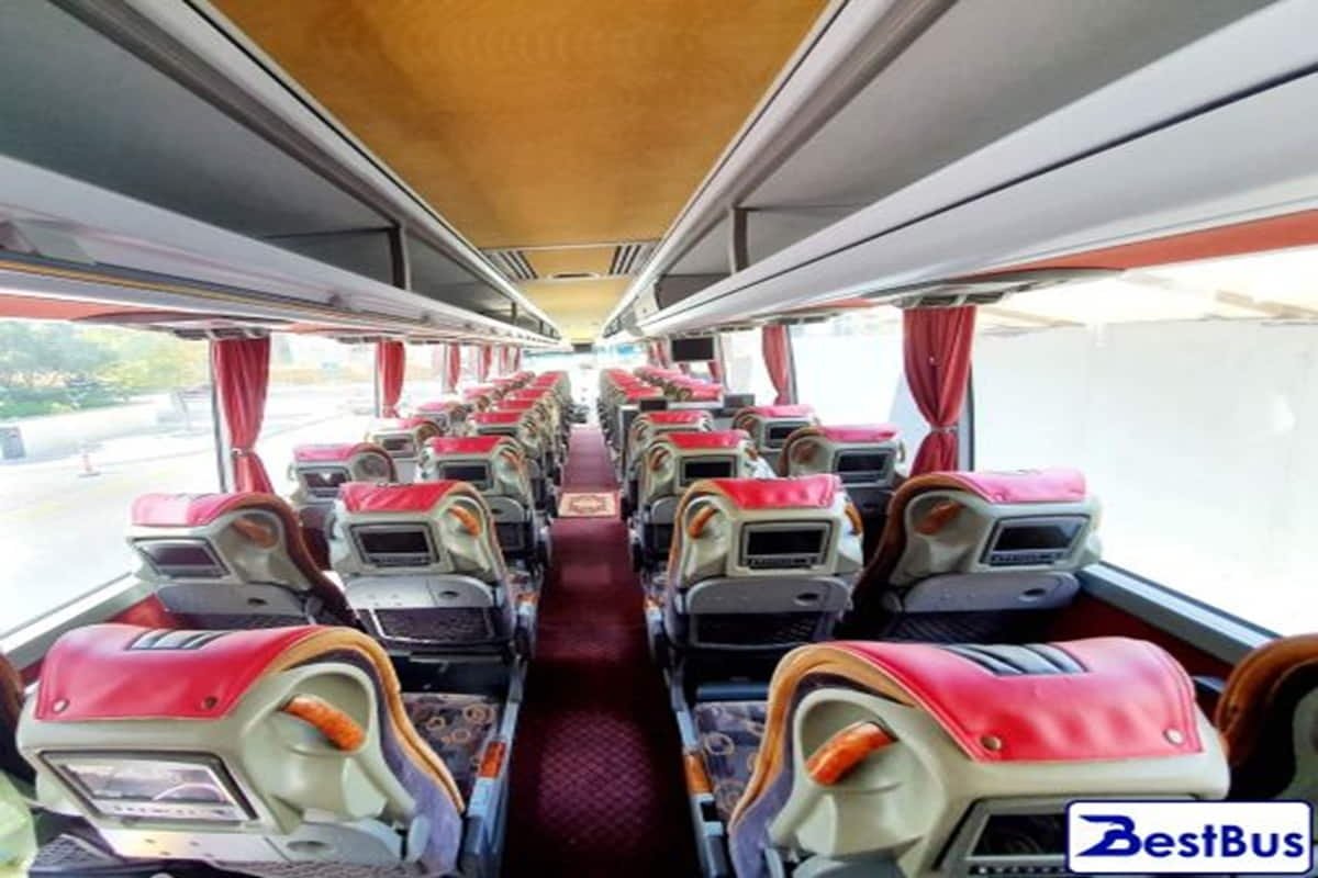 modern interior of 55 seater coach in Tbilisi with comfortable seats and screens