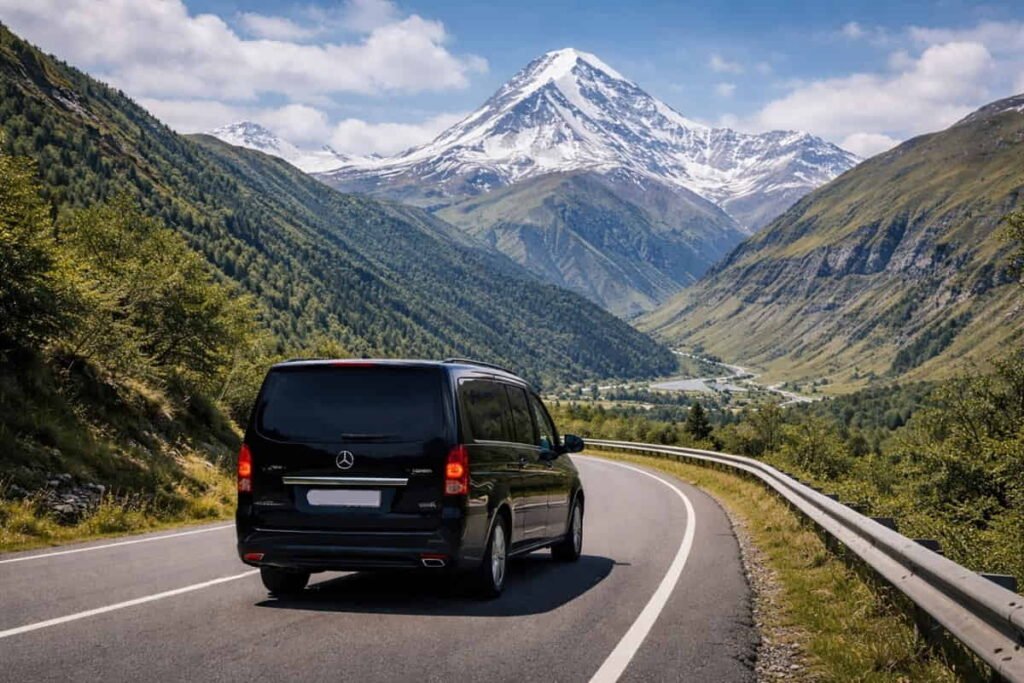 7 seater minivan driving on road in Georgia from Tbilisi