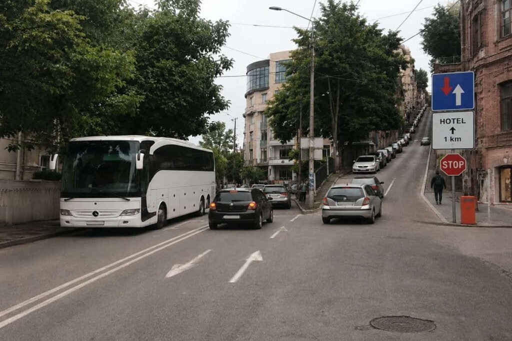 55-ადგილიანი ავტობუსი შეზღუდული წვდომის ქუჩის მახლობლად, თბილისში